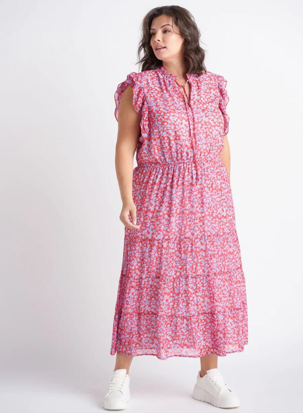 DEX Red Purple Floral Print Sleeveless Ruffle Spring Dress size US 2X
